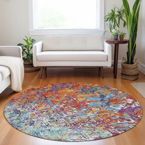 HomeRoots 8' Stylish Copper, Blue & Red Diamond Washable Round Rug with UV Protection for Home Décor Comfort 664407