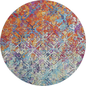 HomeRoots 8' Stylish Copper, Blue & Red Diamond Washable Round Rug with UV Protection for Home Décor Comfort 664407