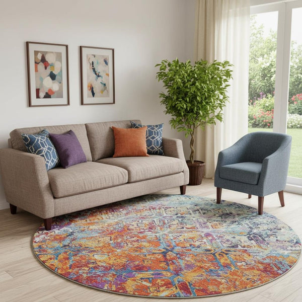 HomeRoots 8' Stylish Copper, Blue & Red Diamond Washable Round Rug with UV Protection for Home Décor Comfort 664407