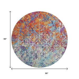 HomeRoots 8' Stylish Copper, Blue & Red Diamond Washable Round Rug with UV Protection for Home Décor Comfort 664407