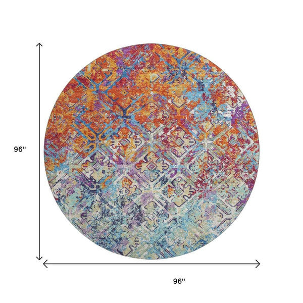 HomeRoots 8' Stylish Copper, Blue & Red Diamond Washable Round Rug with UV Protection for Home Décor Comfort 664407