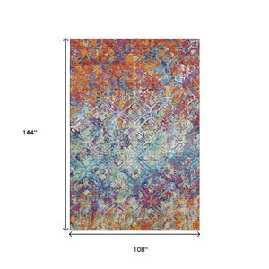 HomeRoots 9' X 12' Copper Blue Red Diamond Area Rug – Washable, Stain-Resistant, UV Protected for Family Homes 664409