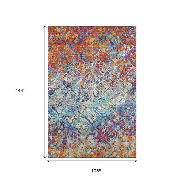HomeRoots 9' X 12' Copper Blue Red Diamond Area Rug – Washable, Stain-Resistant, UV Protected for Family Homes 664409