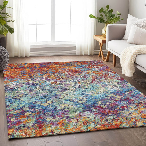 HomeRoots 9' X 12' Copper Blue Red Diamond Area Rug – Washable, Stain-Resistant, UV Protected for Family Homes 664409