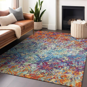 HomeRoots 9' X 12' Copper Blue Red Diamond Area Rug – Washable, Stain-Resistant, UV Protected for Family Homes 664409