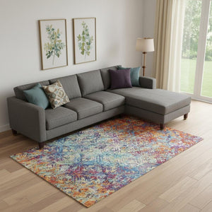 HomeRoots 9' X 12' Copper Blue Red Diamond Area Rug – Washable, Stain-Resistant, UV Protected for Family Homes 664409