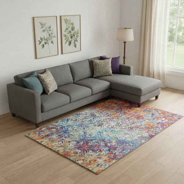 HomeRoots 10' Copper Blue and Red Diamond Washable Area Rug - UV Protected, Stain Resistant, Durable Design 664410