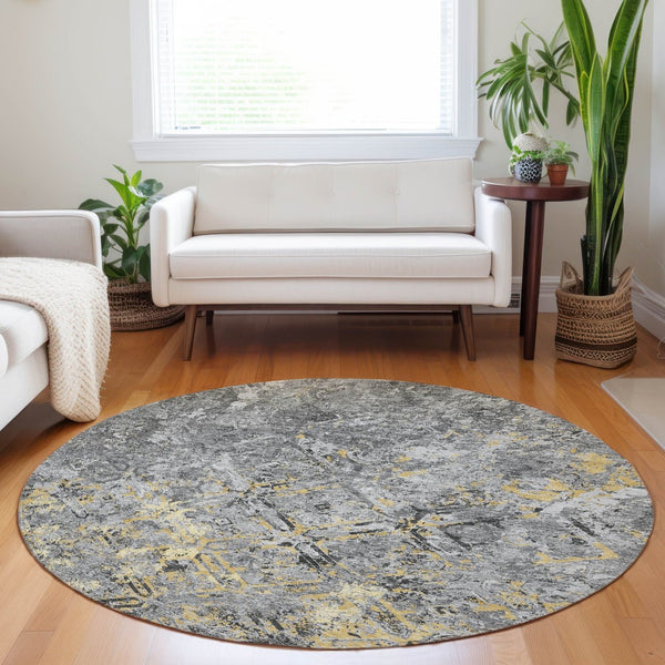 HomeRoots 8' Stylish Gray Gold Silver Diamond Washable Round Rug - UV Protection, Stain-Resistant & Easy Care 664419
