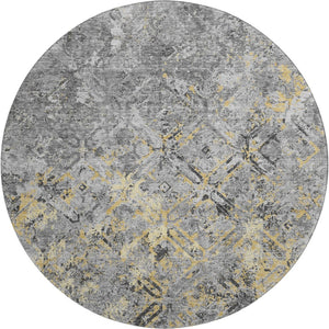 HomeRoots 8' Stylish Gray Gold Silver Diamond Washable Round Rug - UV Protection, Stain-Resistant & Easy Care 664419