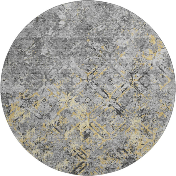 HomeRoots 8' Stylish Gray Gold Silver Diamond Washable Round Rug - UV Protection, Stain-Resistant & Easy Care 664419