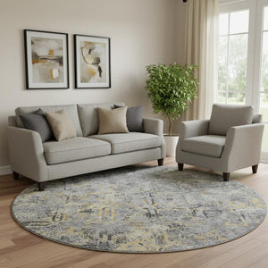 HomeRoots 8' Stylish Gray Gold Silver Diamond Washable Round Rug - UV Protection, Stain-Resistant & Easy Care 664419