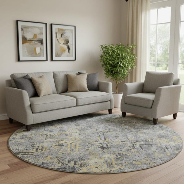 HomeRoots 8' Stylish Gray Gold Silver Diamond Washable Round Rug - UV Protection, Stain-Resistant & Easy Care 664419