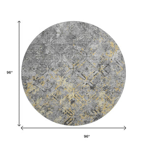HomeRoots 8' Stylish Gray Gold Silver Diamond Washable Round Rug - UV Protection, Stain-Resistant & Easy Care 664419