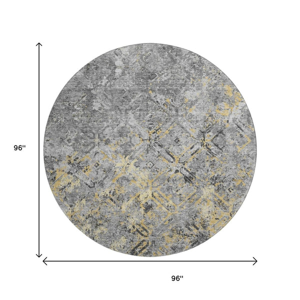 HomeRoots 8' Stylish Gray Gold Silver Diamond Washable Round Rug - UV Protection, Stain-Resistant & Easy Care 664419