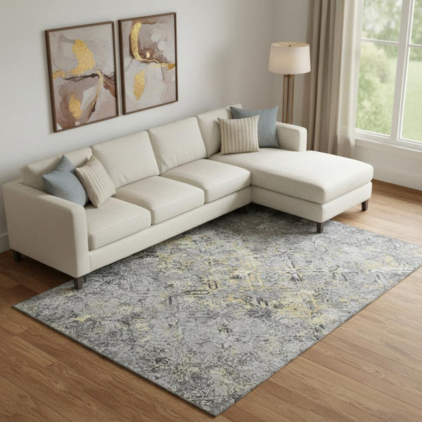 HomeRoots 8' X 10' Elegant Gray Gold Silver Diamond Area Rug - Washable, UV-Protected, Durable for High-Traffic Spaces 664420