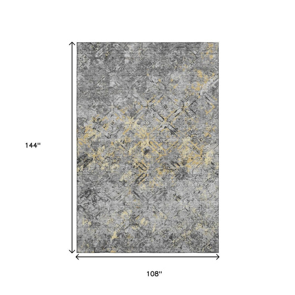 HomeRoots 9' X 12' Stylish Gray Gold Silver Diamond Rug - Washable, UV-Protected, Stain-Resistant Design! 664421