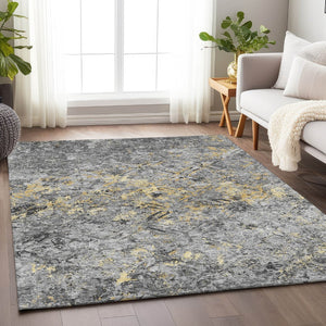 HomeRoots 9' X 12' Stylish Gray Gold Silver Diamond Rug - Washable, UV-Protected, Stain-Resistant Design! 664421