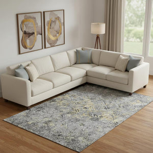 HomeRoots 9' X 12' Stylish Gray Gold Silver Diamond Rug - Washable, UV-Protected, Stain-Resistant Design! 664421