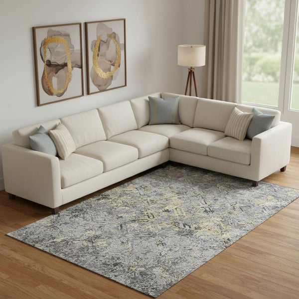 HomeRoots 9' X 12' Stylish Gray Gold Silver Diamond Rug - Washable, UV-Protected, Stain-Resistant Design! 664421
