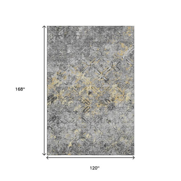 HomeRoots 10' X 14' Gray Gold Silver Diamond Area Rug - Washable, UV Protected, Stain Resistant & Stylish Decor 664422