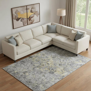 HomeRoots 10' X 14' Gray Gold Silver Diamond Area Rug - Washable, UV Protected, Stain Resistant & Stylish Decor 664422