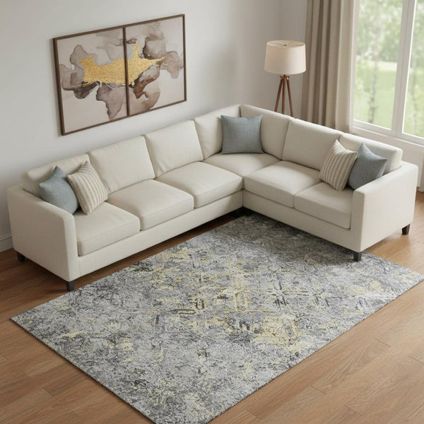 HomeRoots 10' X 14' Gray Gold Silver Diamond Area Rug - Washable, UV Protected, Stain Resistant & Stylish Decor 664422