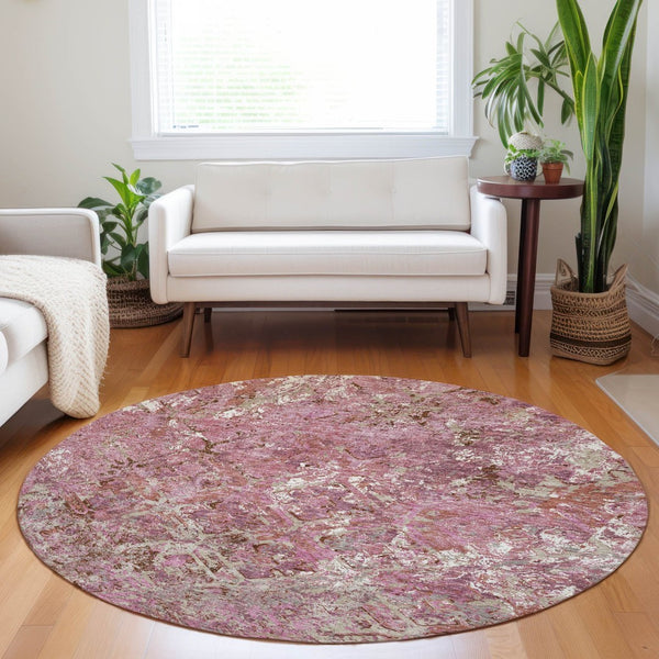 HomeRoots 8' Pink Taupe And Ivory Diamond Round Rug - Washable, UV-Protected, Stylish & Stain Resistant Design 664425