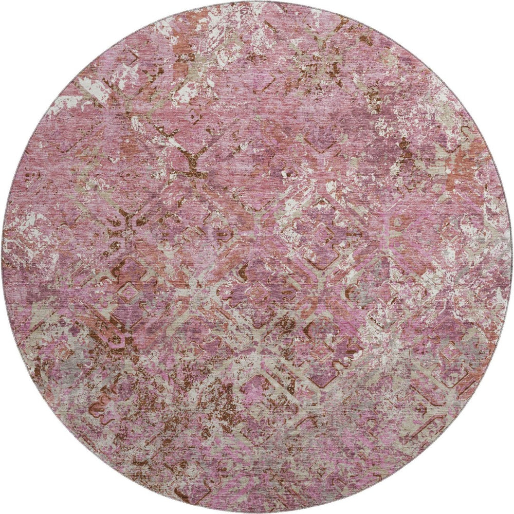 HomeRoots 8' Pink Taupe And Ivory Diamond Round Rug - Washable, UV-Protected, Stylish & Stain Resistant Design 664425
