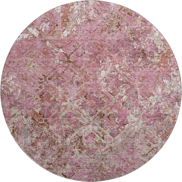 HomeRoots 8' Pink Taupe And Ivory Diamond Round Rug - Washable, UV-Protected, Stylish & Stain Resistant Design 664425