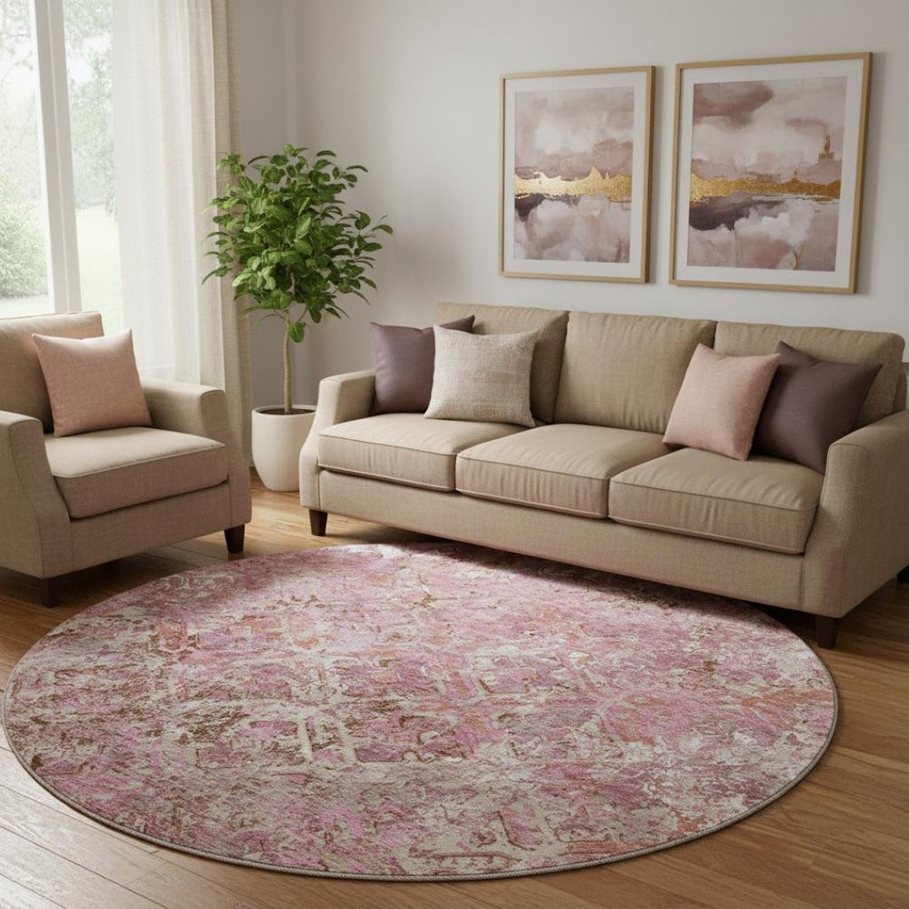 HomeRoots 8' Pink Taupe And Ivory Diamond Round Rug - Washable, UV-Protected, Stylish & Stain Resistant Design 664425