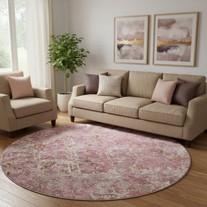 HomeRoots 8' Pink Taupe And Ivory Diamond Round Rug - Washable, UV-Protected, Stylish & Stain Resistant Design 664425