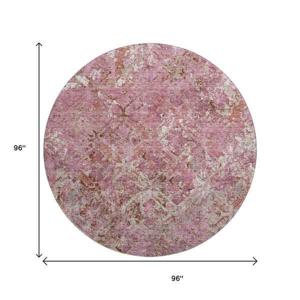 HomeRoots 8' Pink Taupe And Ivory Diamond Round Rug - Washable, UV-Protected, Stylish & Stain Resistant Design 664425