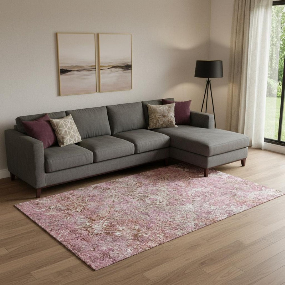 HomeRoots 8' X 10' Stylish Diamond Pattern Area Rug in Soft Pink, Taupe & Ivory - Washable & UV Resistant! 664426
