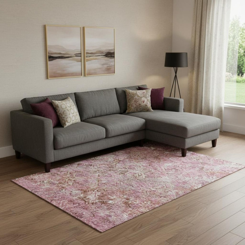 HomeRoots 9' X 12' Washable Pink Taupe Ivory Diamond Area Rug with UV Protection for High-Traffic Spaces 664427