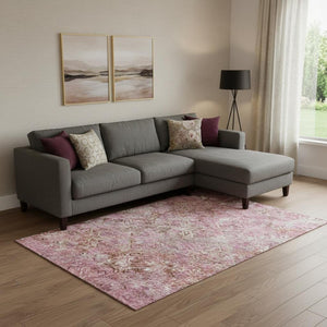 HomeRoots 9' X 12' Washable Pink Taupe Ivory Diamond Area Rug with UV Protection for High-Traffic Spaces 664427