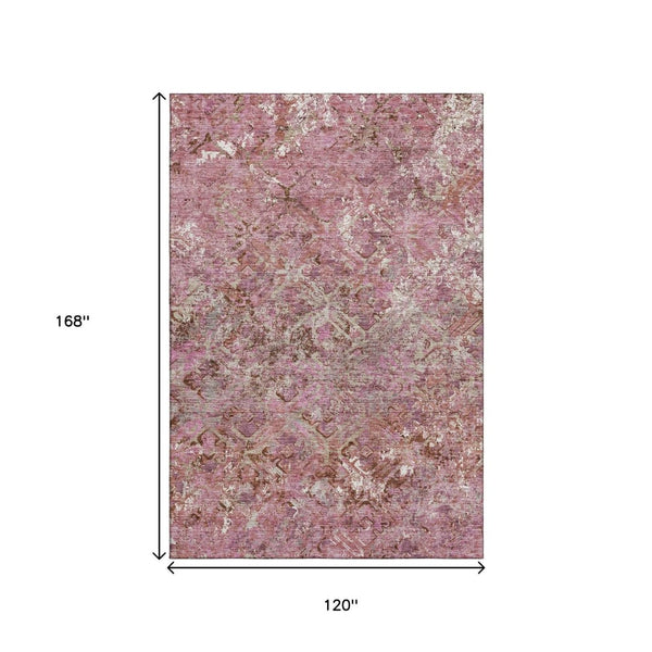 HomeRoots 10' X 14' Pink Taupe Ivory Diamond Area Rug - Washable, UV Protected, Ideal for High-Traffic Rooms 664428