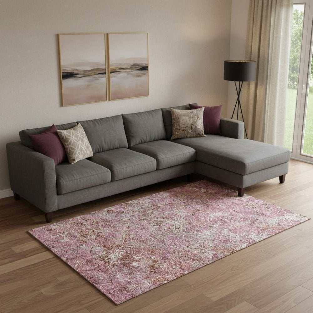 HomeRoots 10' X 14' Pink Taupe Ivory Diamond Area Rug - Washable, UV Protected, Ideal for High-Traffic Rooms 664428