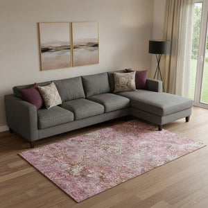 HomeRoots 10' X 14' Pink Taupe Ivory Diamond Area Rug - Washable, UV Protected, Ideal for High-Traffic Rooms 664428