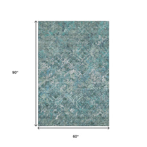 HomeRoots 5' X 8' Sage Gray and Ivory Diamond Area Rug - Stylish, Washable, UV-Protected for Busy Homes! 664430