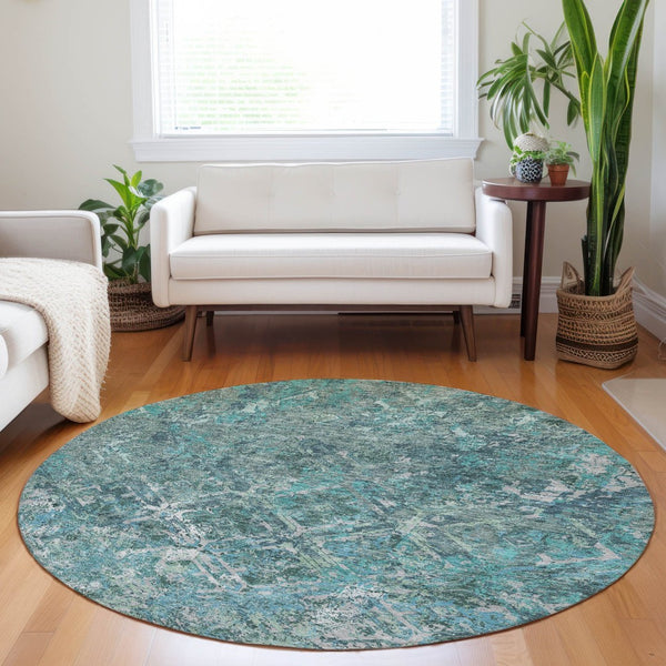 HomeRoots 8' Sage Gray & Ivory Diamond Washable Round Rug - UV Protected, Stain Resistant, Ideal for Busy Homes 664431