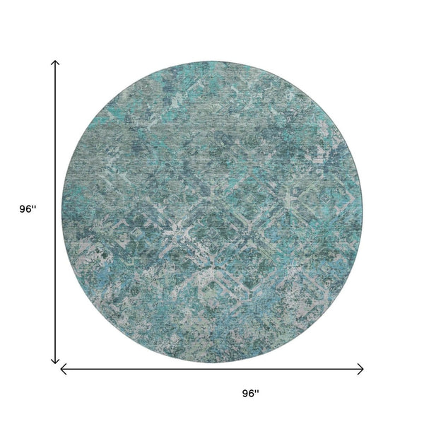 HomeRoots 8' Sage Gray & Ivory Diamond Washable Round Rug - UV Protected, Stain Resistant, Ideal for Busy Homes 664431