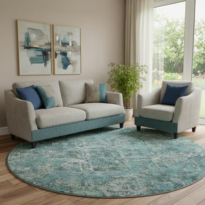 HomeRoots 8' Sage Gray & Ivory Diamond Washable Round Rug - UV Protected, Stain Resistant, Ideal for Busy Homes 664431