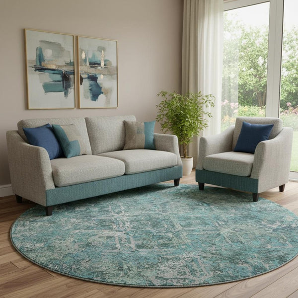 HomeRoots 8' Sage Gray & Ivory Diamond Washable Round Rug - UV Protected, Stain Resistant, Ideal for Busy Homes 664431