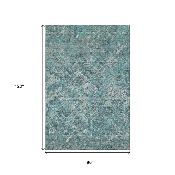 HomeRoots 8' X 10' Sage Gray and Ivory Diamond Area Rug - Washable, UV Protected, Perfect for Busy Spaces! 664432