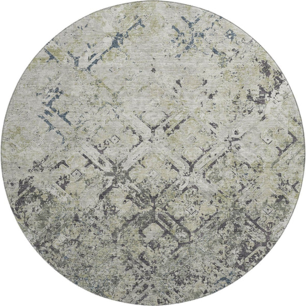 HomeRoots 8' Elegant Silver Gray and Ivory Diamond Round Rug - Washable, UV Protected, Ideal for Busy Homes 664437