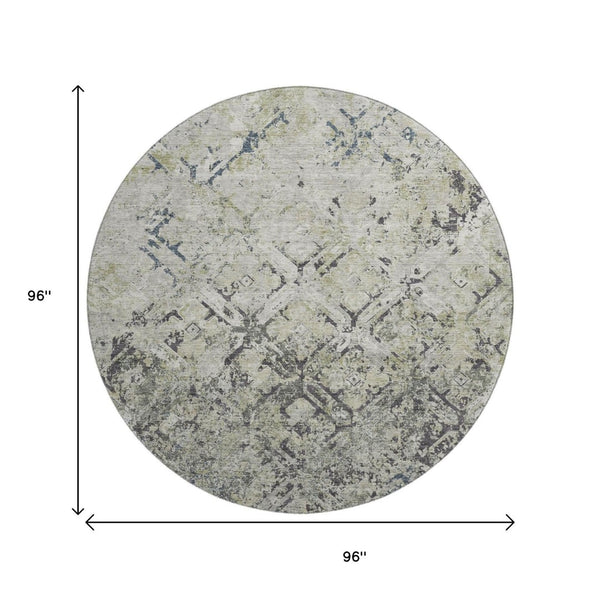 HomeRoots 8' Elegant Silver Gray and Ivory Diamond Round Rug - Washable, UV Protected, Ideal for Busy Homes 664437