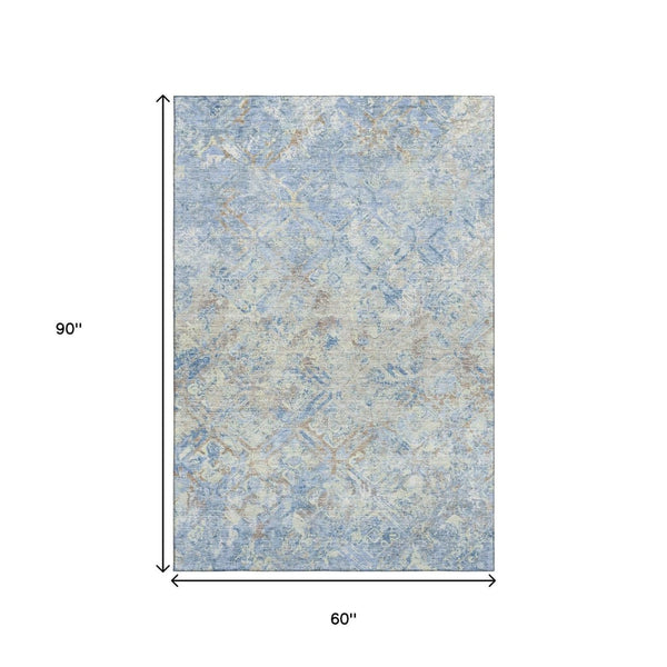 HomeRoots 5' X 8' Stylish Sky Blue, Gray & Ivory Diamond Area Rug - Washable, Stain Resistant & UV Protected! 664442