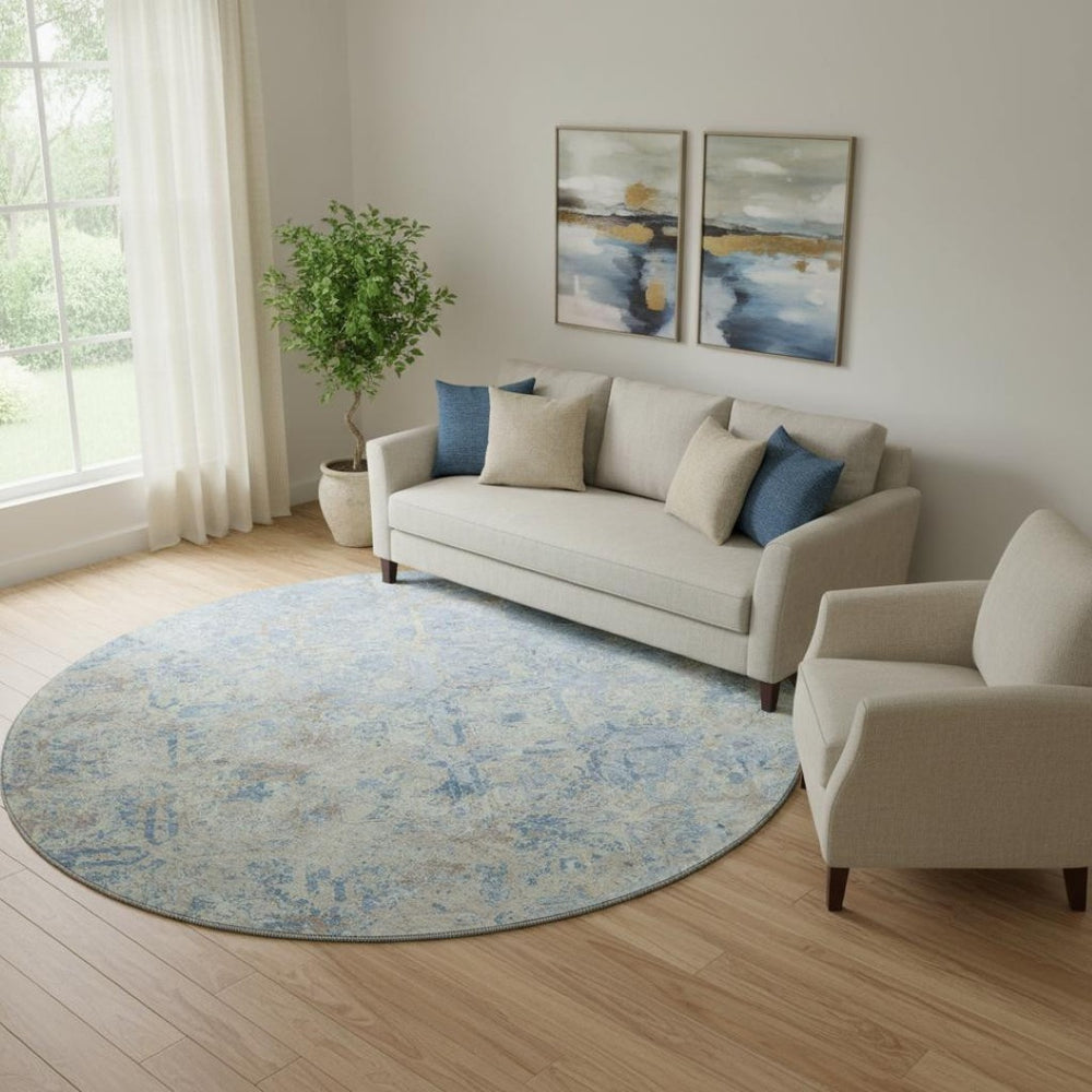 HomeRoots 8' Sky Blue Gray & Ivory Diamond Round Rug - Washable, UV-Protected & Stain-Resistant for Homes! 664443