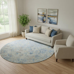HomeRoots 8' Sky Blue Gray & Ivory Diamond Round Rug - Washable, UV-Protected & Stain-Resistant for Homes! 664443