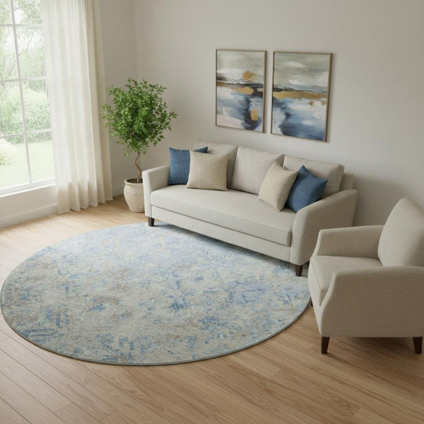HomeRoots 8' Sky Blue Gray & Ivory Diamond Round Rug - Washable, UV-Protected & Stain-Resistant for Homes! 664443